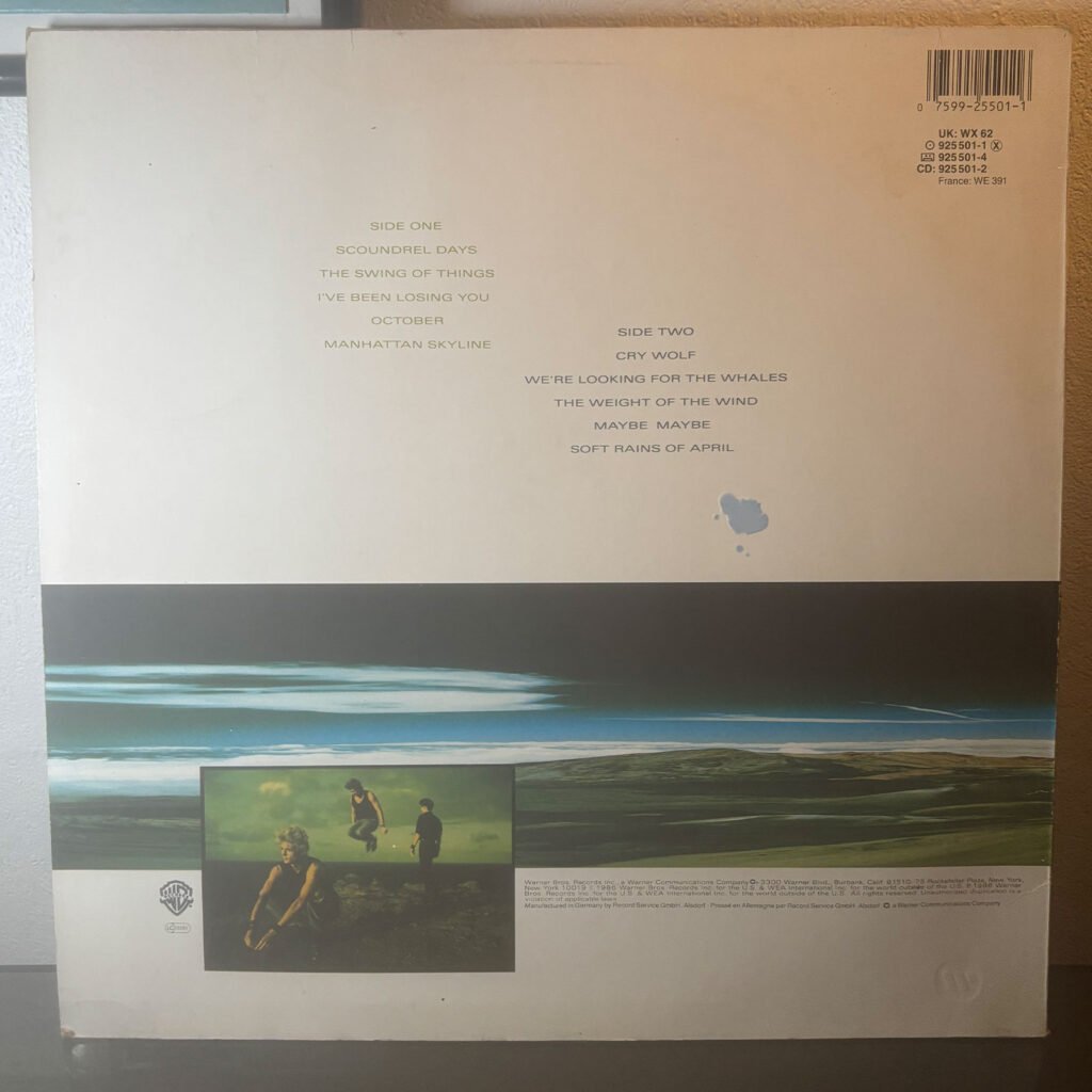 Rear sleeve of a-ha — Scoundrel Days showing track listing, barcode and manufacturing credits.